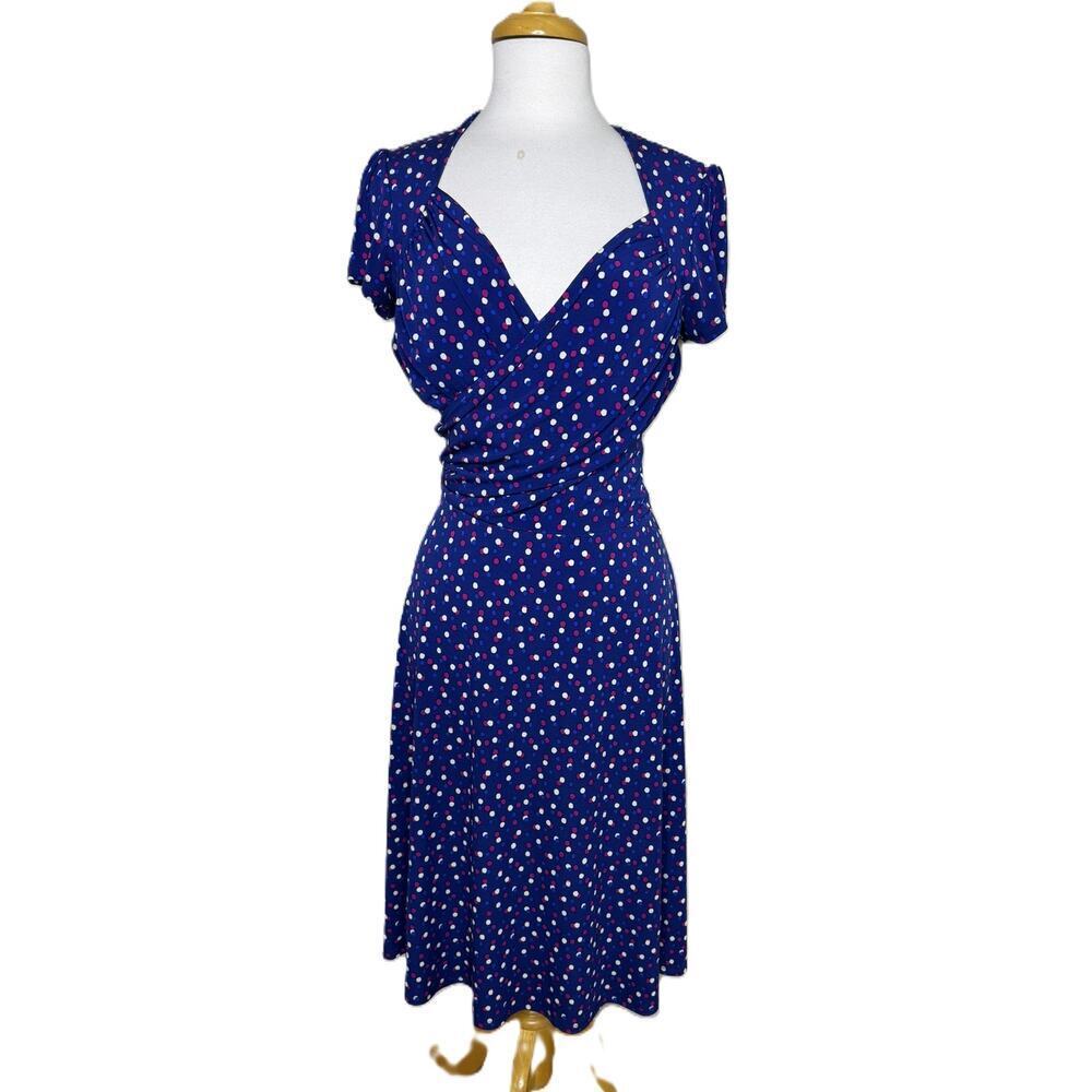 Leota Blue Polka Dot Short Sleeve Sweetheart Neckline Swing Dress, Size XL